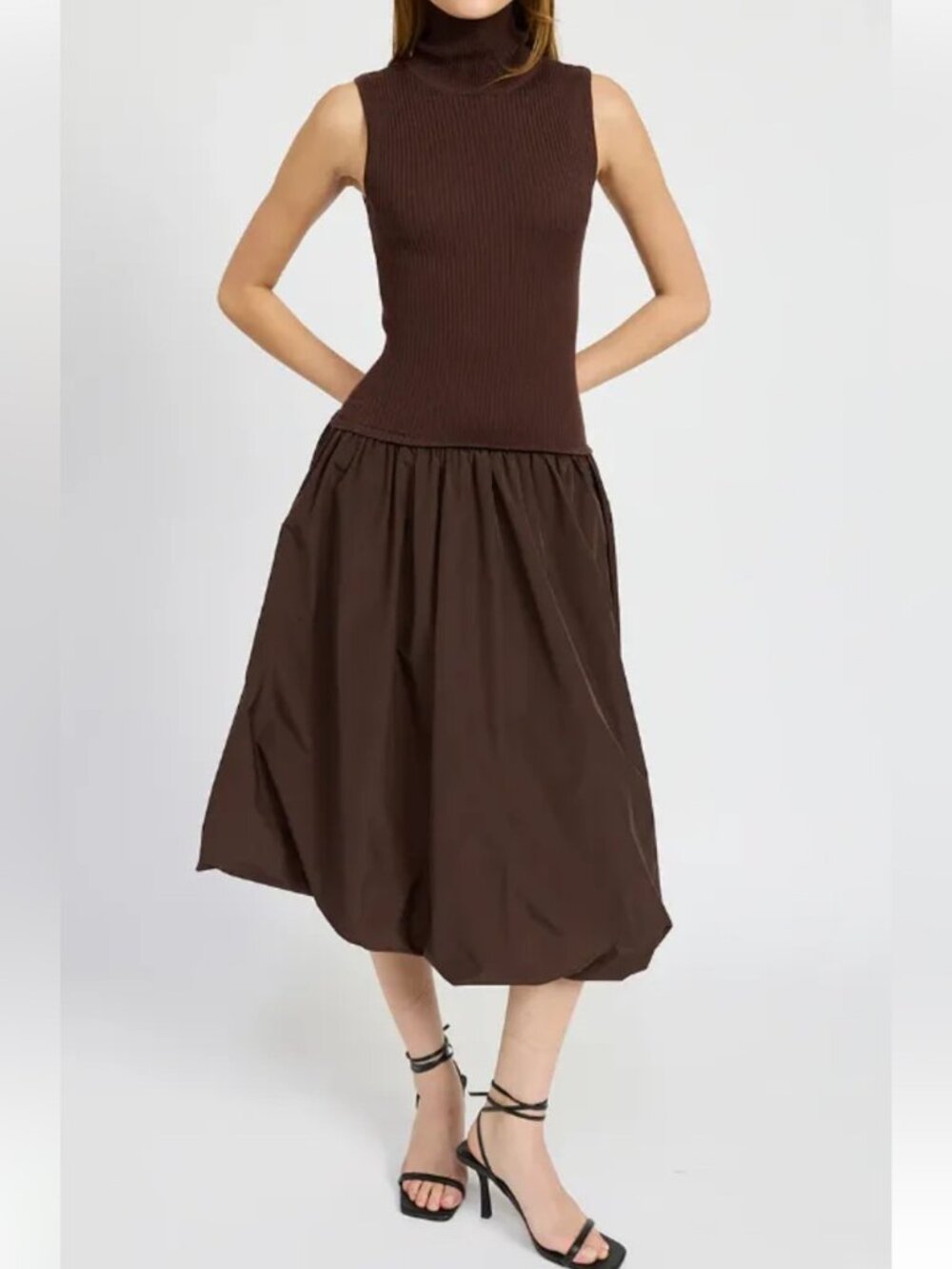 Tuckernuck En Saison Brown Bubble Hem Turtleneck Midi Dress